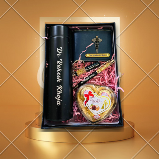Flamingo Birthday Hampers for Him: Personalised Temperature Water Bottle, Chocolate Heart Shape, Mens Wallet & More!