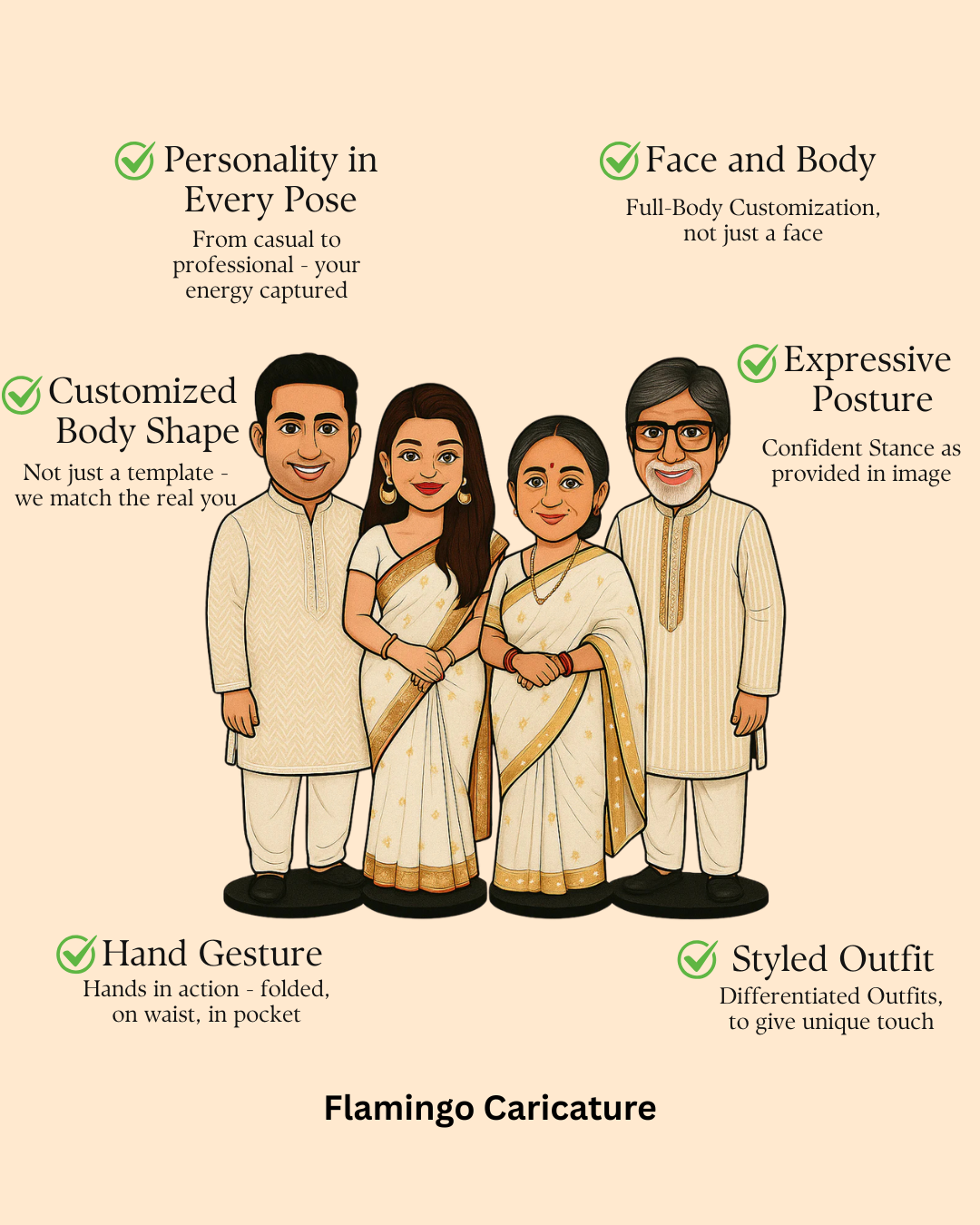Flamingo 4 Member Family Caricature | Beautiful Gift of Togetherness
