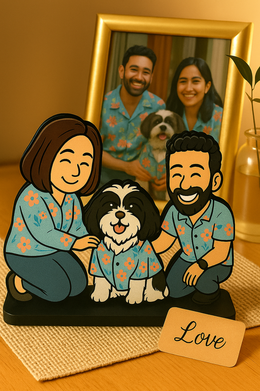 Flamingo Caricature with Pets & Two People