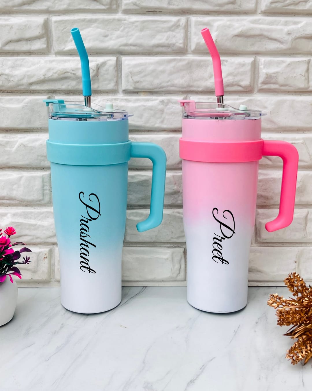 Flamingo Dual Shade Tumbler with Name Customization(random multicolor)