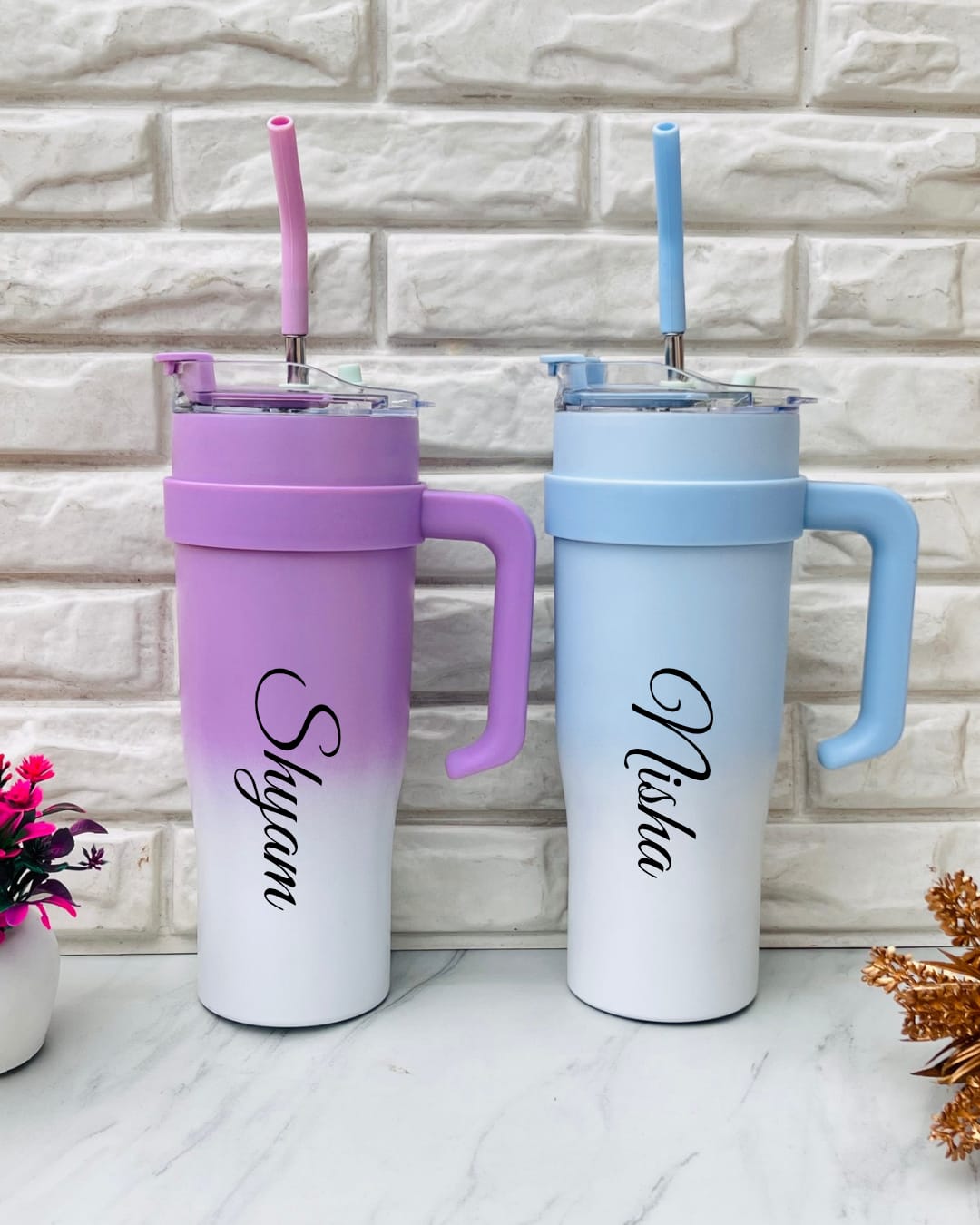 Flamingo Dual Shade Tumbler with Name Customization(random multicolor)