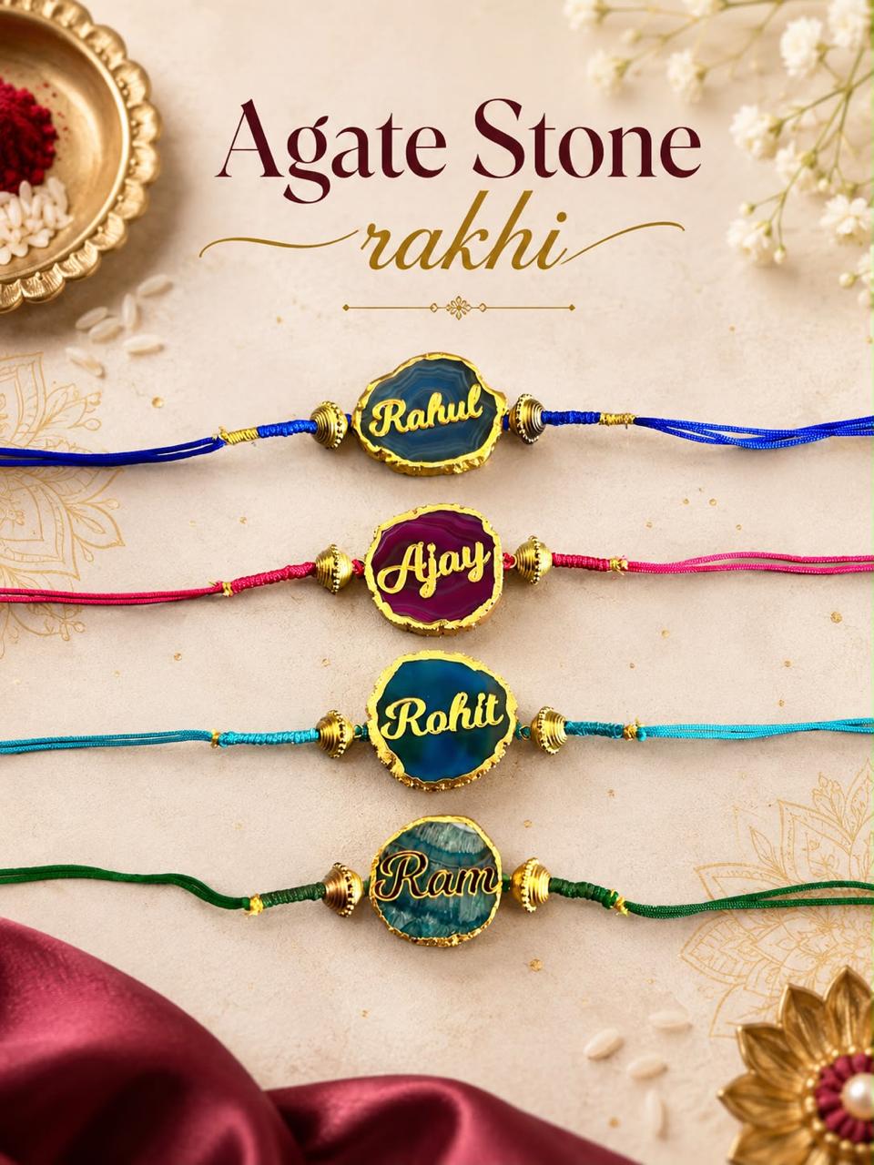 Flamingo Agate Stone Name Rakhi | Personalized Raksha Bandhan Rakhi