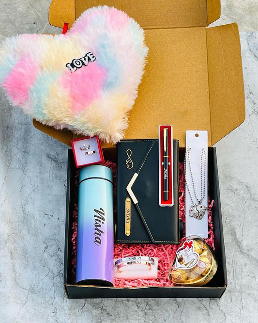 Flamingo Gift Hamper For Girlfriend: Heart Pillow, Couple Kada, Couple Ring & More!