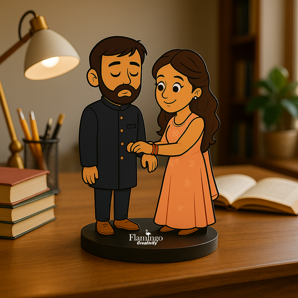 Flamingo Personalized Rakhi Caricature with Wooden Stand & Photo