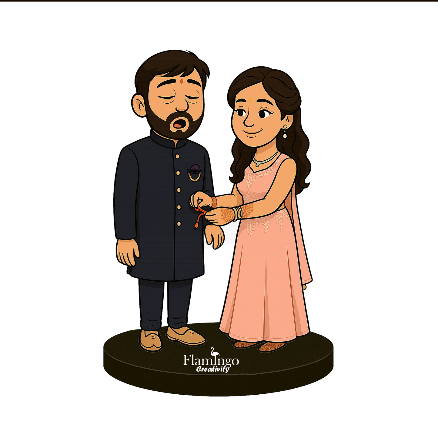 Flamingo Personalized Rakhi Caricature with Wooden Stand & Photo