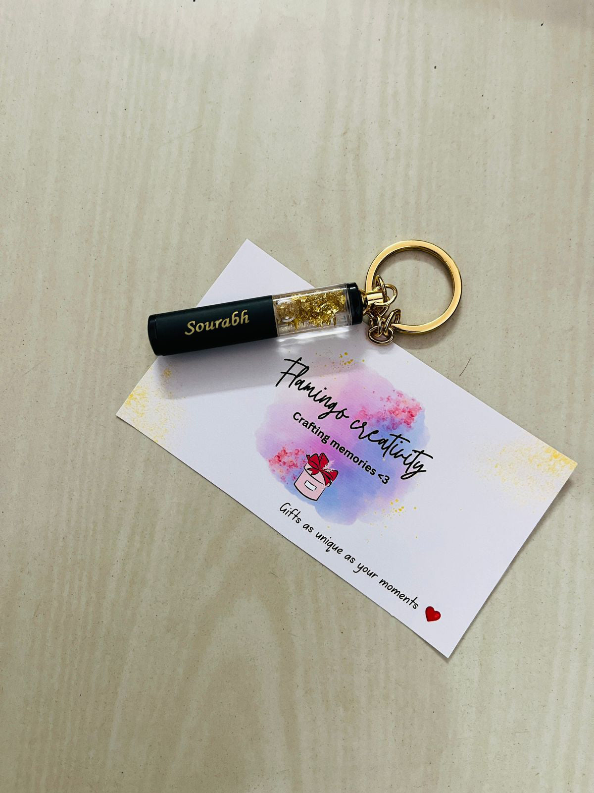 Flamingo Gold Flake Keychain with Name