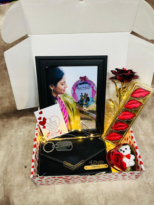 Flamingo Gift Hamper for Girls: Womenβs Wallet, Metal Keychain, Heart Box with Teddy, Kiss Chocolate & More!