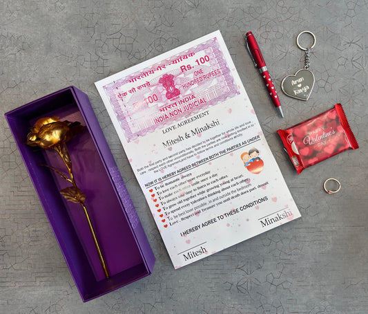 Flamingo Valentineβs Day Gift Hamper - Purple Box Gold Rose, Red Heart Dual Name Pen & More