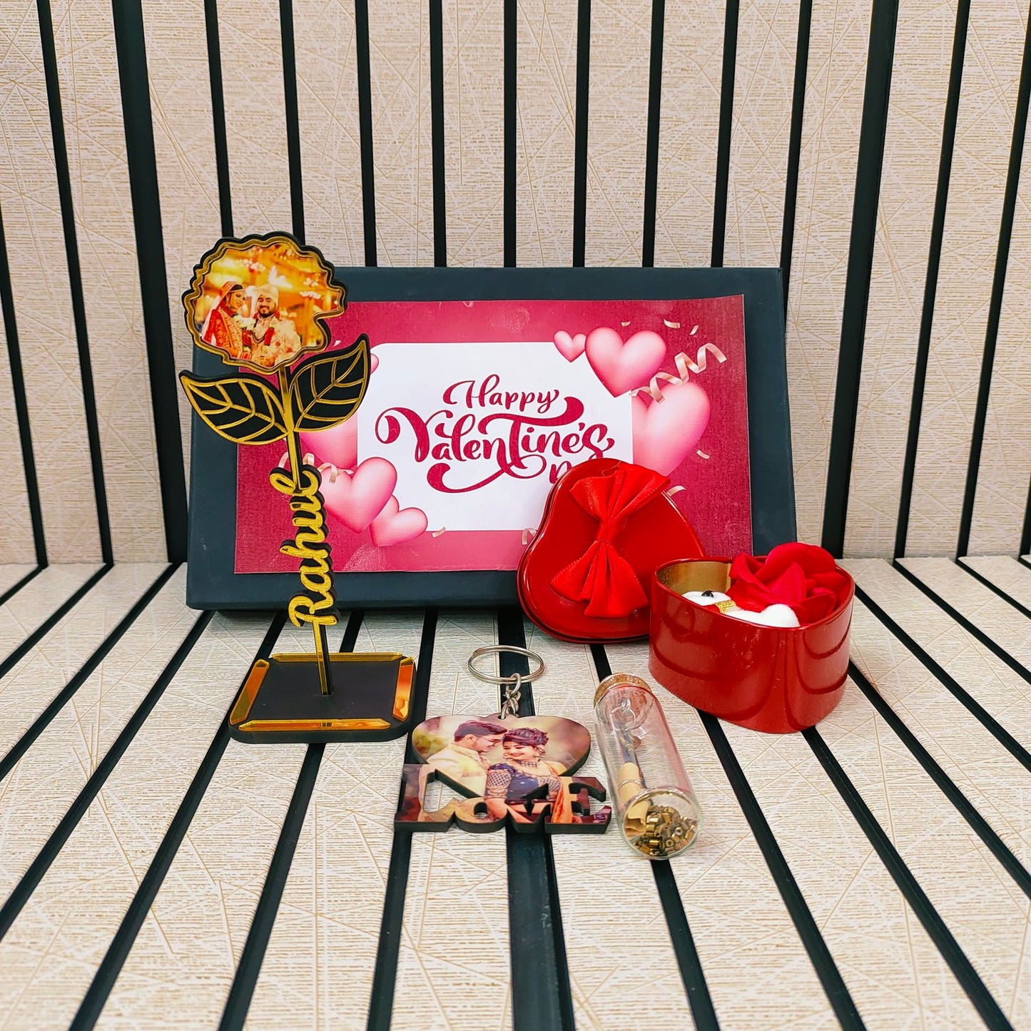 Flamingo Personalized Valentines Gifts Combo - Name Rose, Photo Keychain & More!