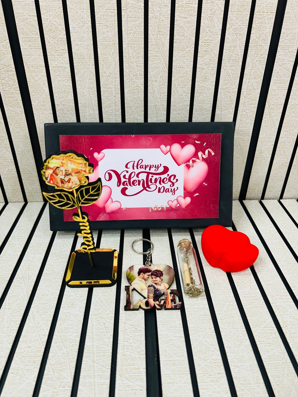 Flamingo Personalized Valentines Gifts Combo - Name Rose, Photo Keychain & More!