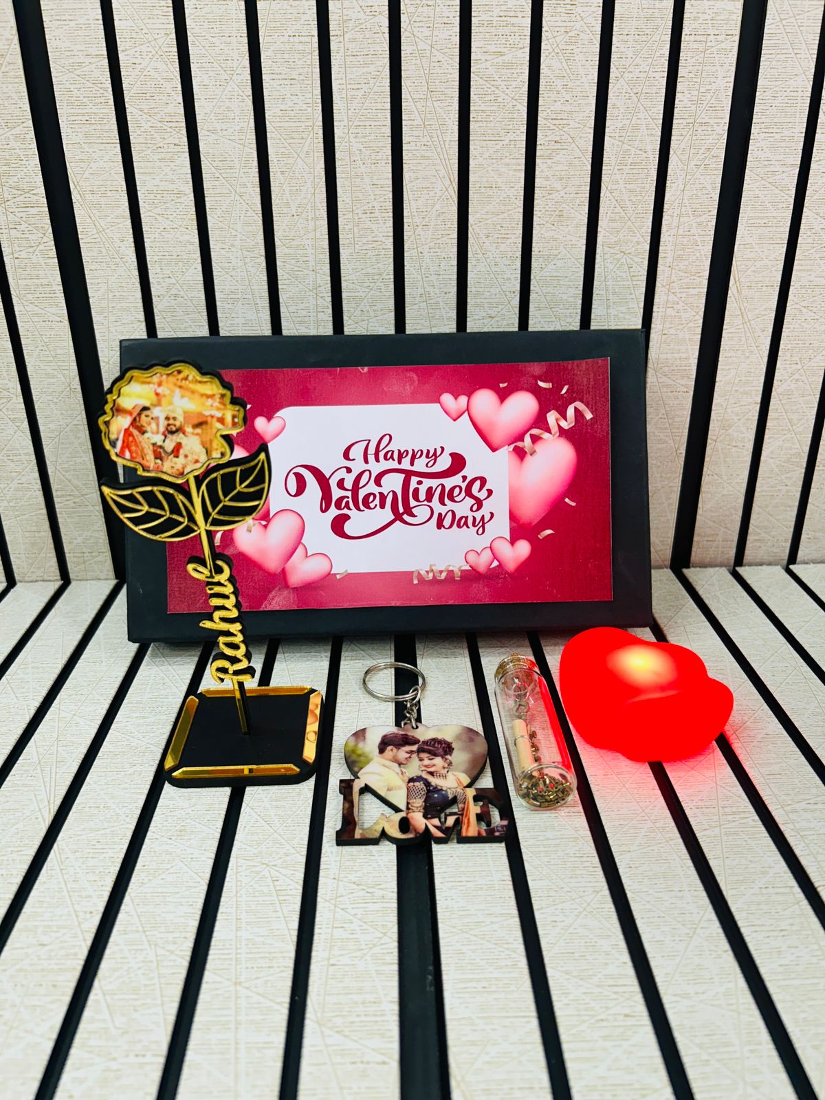 Flamingo Personalized Valentines Gifts Combo - Name Rose, Photo Keychain & More!