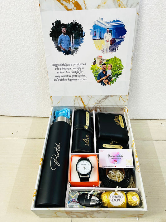 Flamingo Personalized Hampers for Men β Custom Gift Sets with Leather Wallet, Black Watch, Water Bottle & More