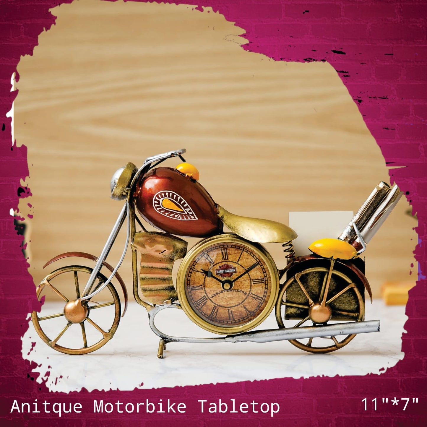Flamingo Decorative Antique Motorbike Tabletop with Clock and Pen Stand For Diwali