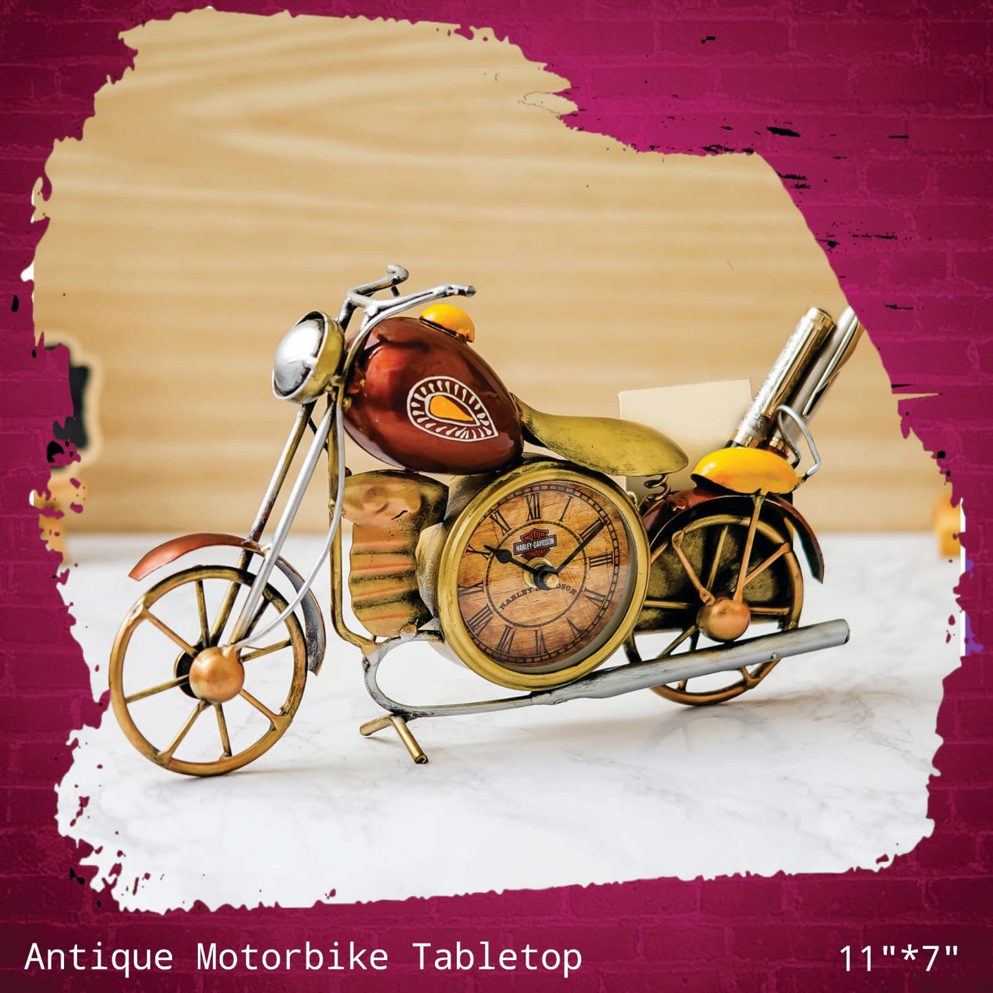 Flamingo Decorative Antique Motorbike Tabletop with Clock and Pen Stand For Diwali