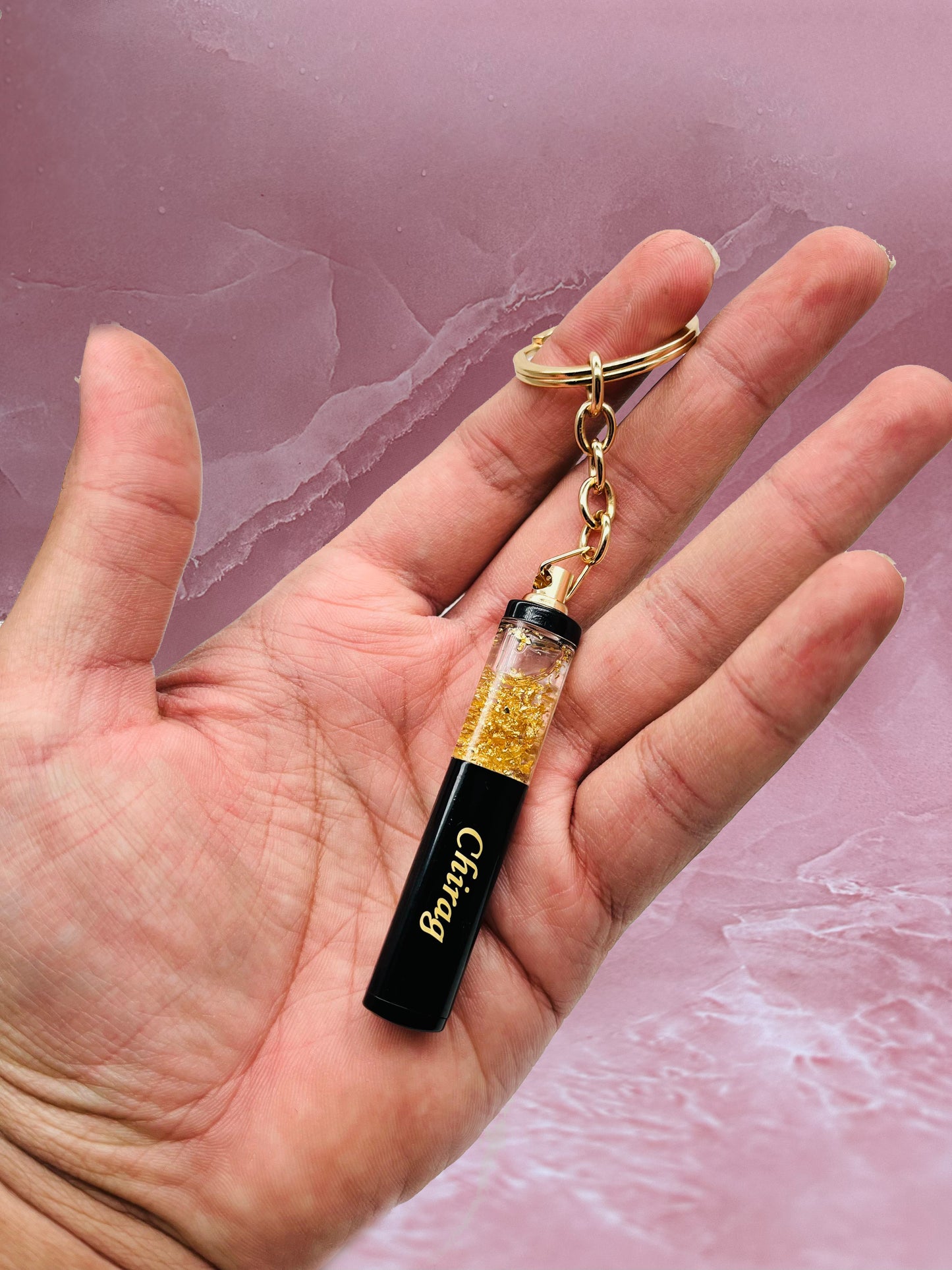 Flamingo Gold Flake Keychain with Name
