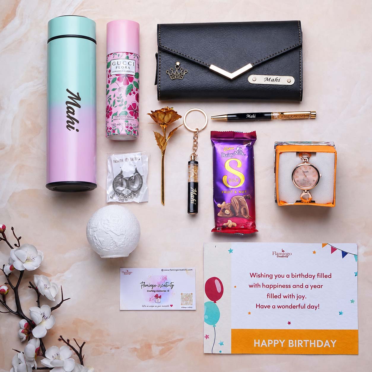 Flamingo Customized Ladies Gift Hamper with Moon Lamp with Stand, Heavy Watch, Earrings & More!