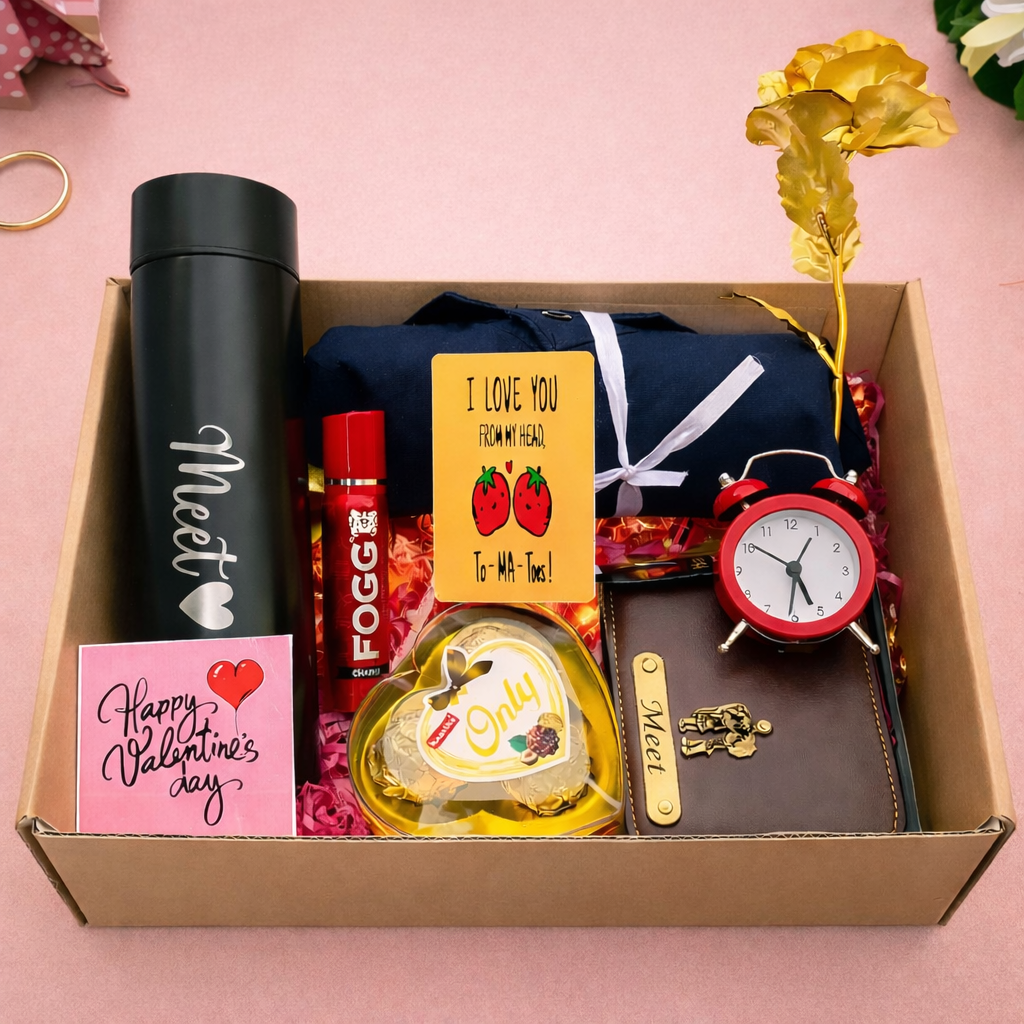 Flamingo Valentines Gifts Combo for Him with Temperature Bottle, Men's Wallet, Mini Alarm Clock & More!