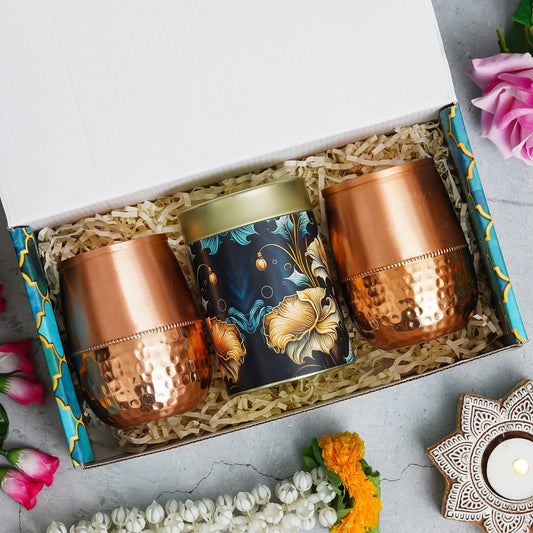 Dry Fruit Collection for Diwali: 2 Copper Glasses and 150g Almond Tin Jar