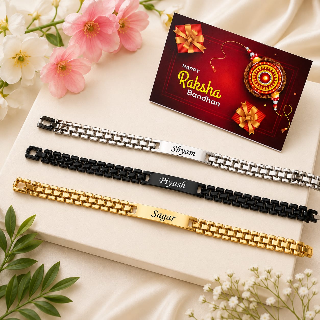 Flamingo Personalized Chain Bracelet Rakhi | Stainless Steel Name Rakhi