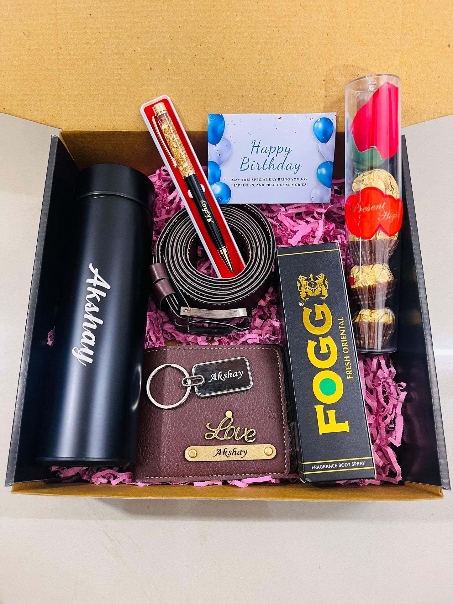 Flamingo Personalized Gifts for Men - Custom Bottles, Key Ring, Pen, Personalized Perfume, Belt and Purse Combo