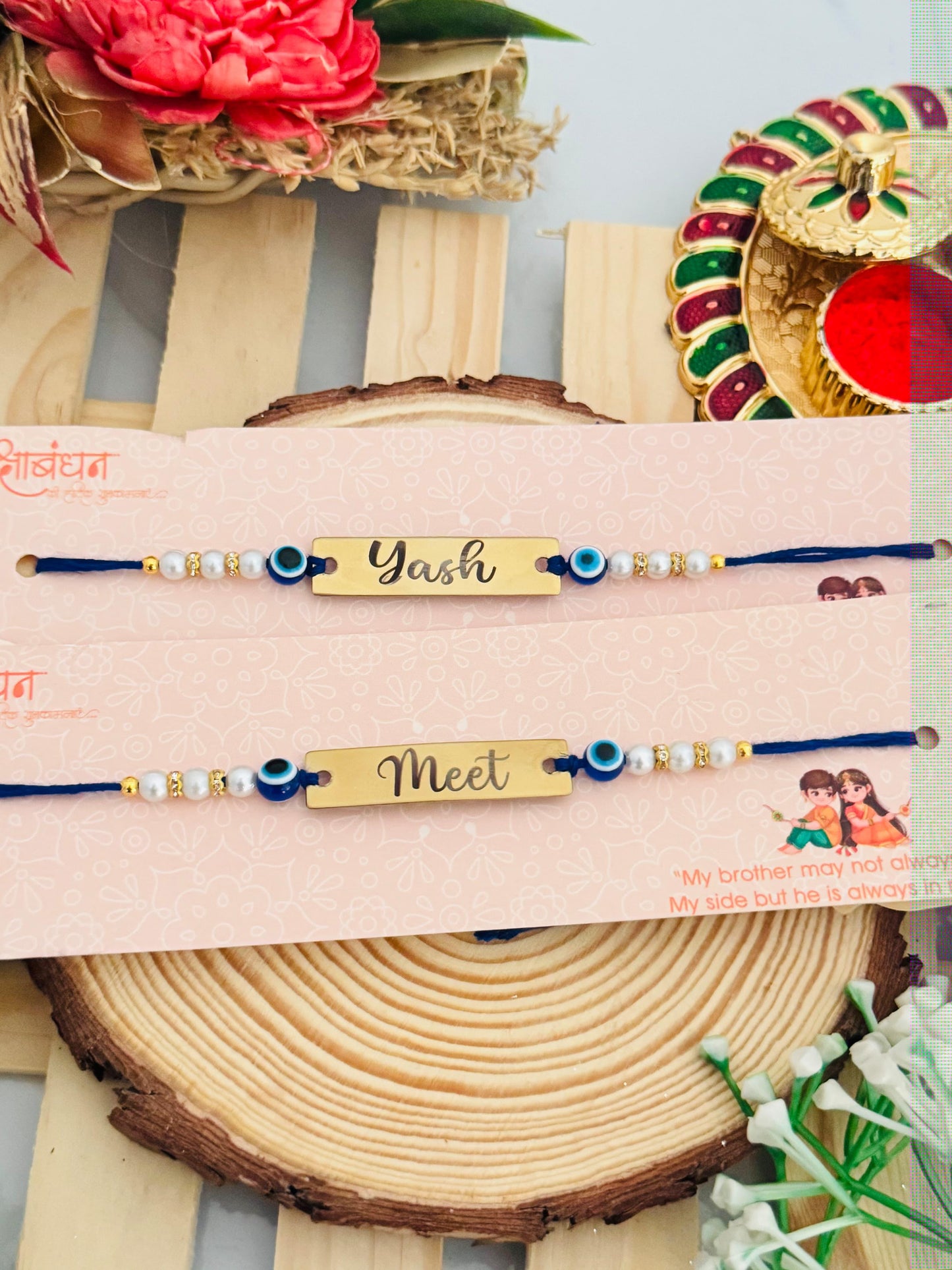 Flamingo Custom Name Evil Eye Metal Rakhi