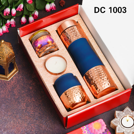 Diwali Gift Set: Copper Bottle, Copper Glass, Metal Candle & Dry Fruit Jar