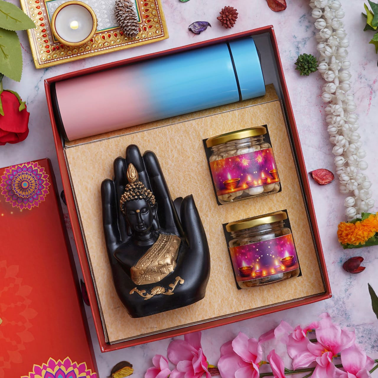 Diwali Hamper: Stylish Multicolor Temperature Bottle, Peaceful Hand Buddha & Healthy Snacks