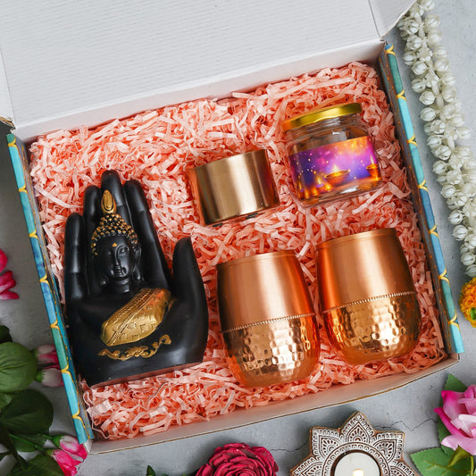 Diwali Hamper with Hand Buddha, Copper Glasses, Almonds, and Metal Candle