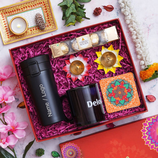 Diwali Hamper: Gift Set with Insulated Flask, Ceramic Cup, Tea Coasters, Ferrero & Lotus Diya