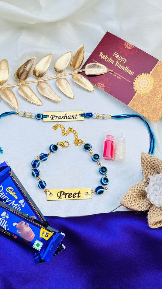 Flamingo Evil Eye Mini Combo – Bhai Bhabhi Rakhi Set with Custom Name