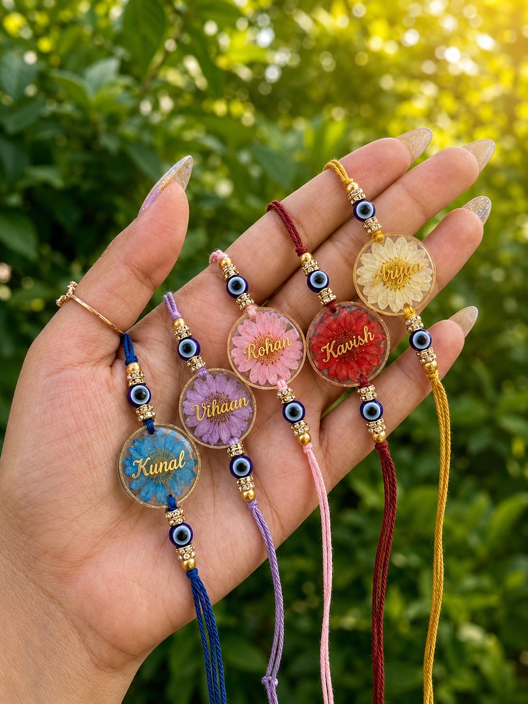 Flamingo Personalized Floral Resin Rakhi | Custom Evil Eye Rakhi