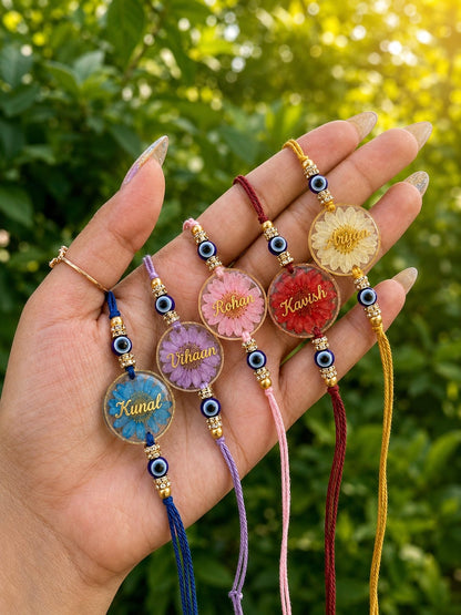 Flamingo Personalized Floral Resin Rakhi | Custom Evil Eye Rakhi