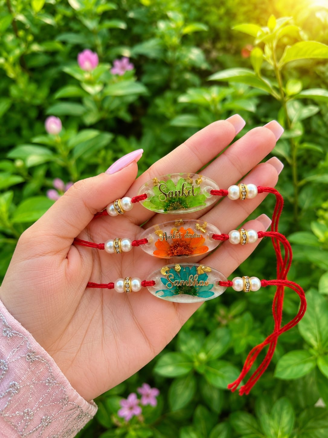 Flamingo Personalized Floral Resin Rakhi | Custom Evil Eye Rakhi