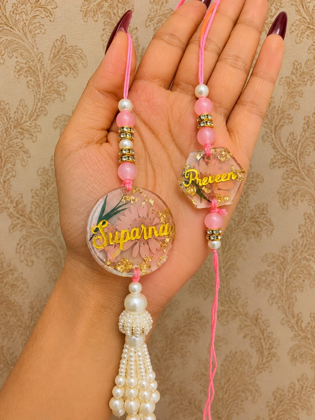 Flamingo Personalized Floral Resin Rakhi Lumba Set