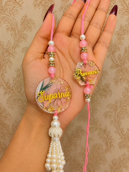 Flamingo Personalized Floral Resin Rakhi Lumba Set