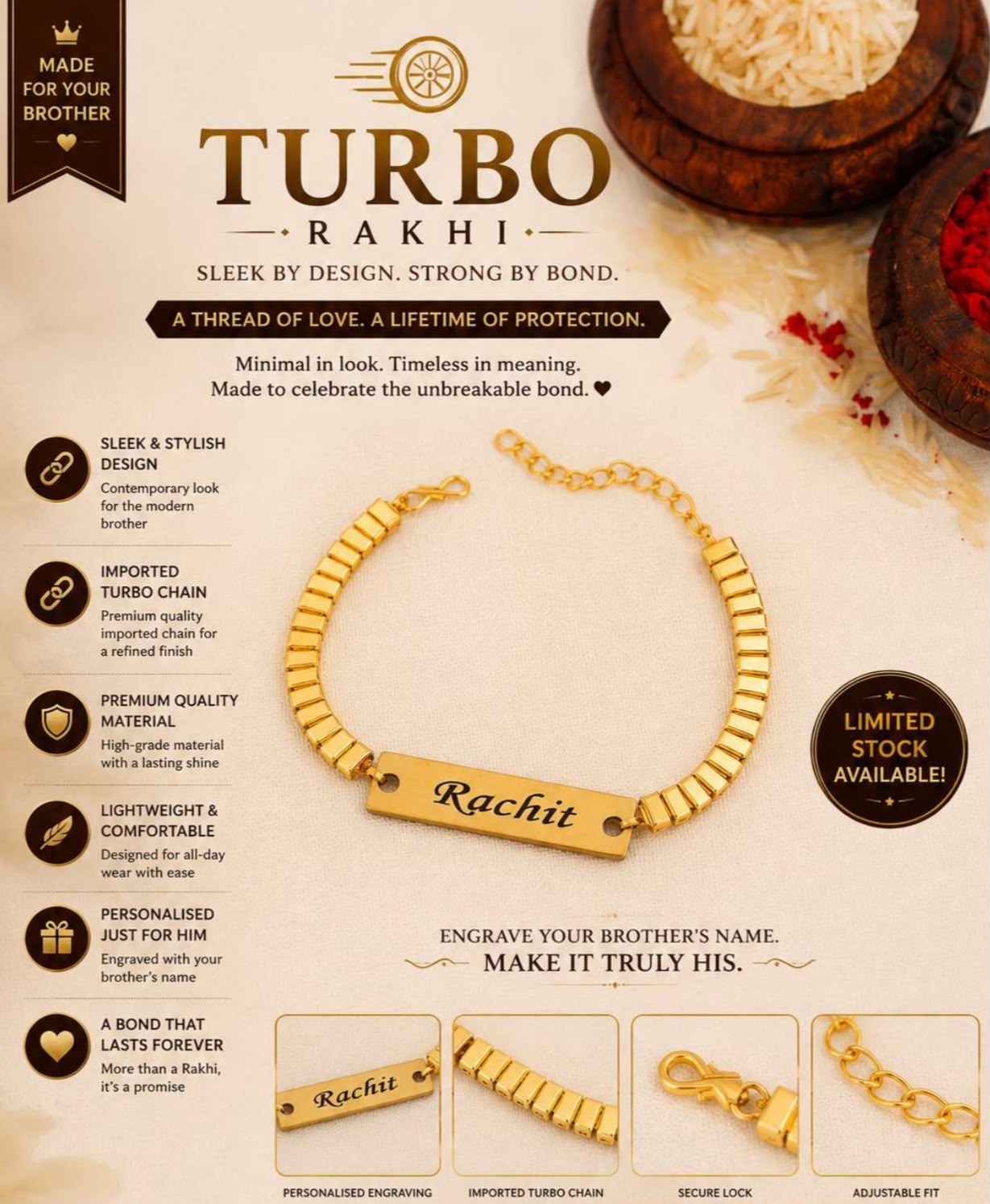 Flamingo Personalized Turbo Rakhi | Premium Name Engraved Rakhi for Brother