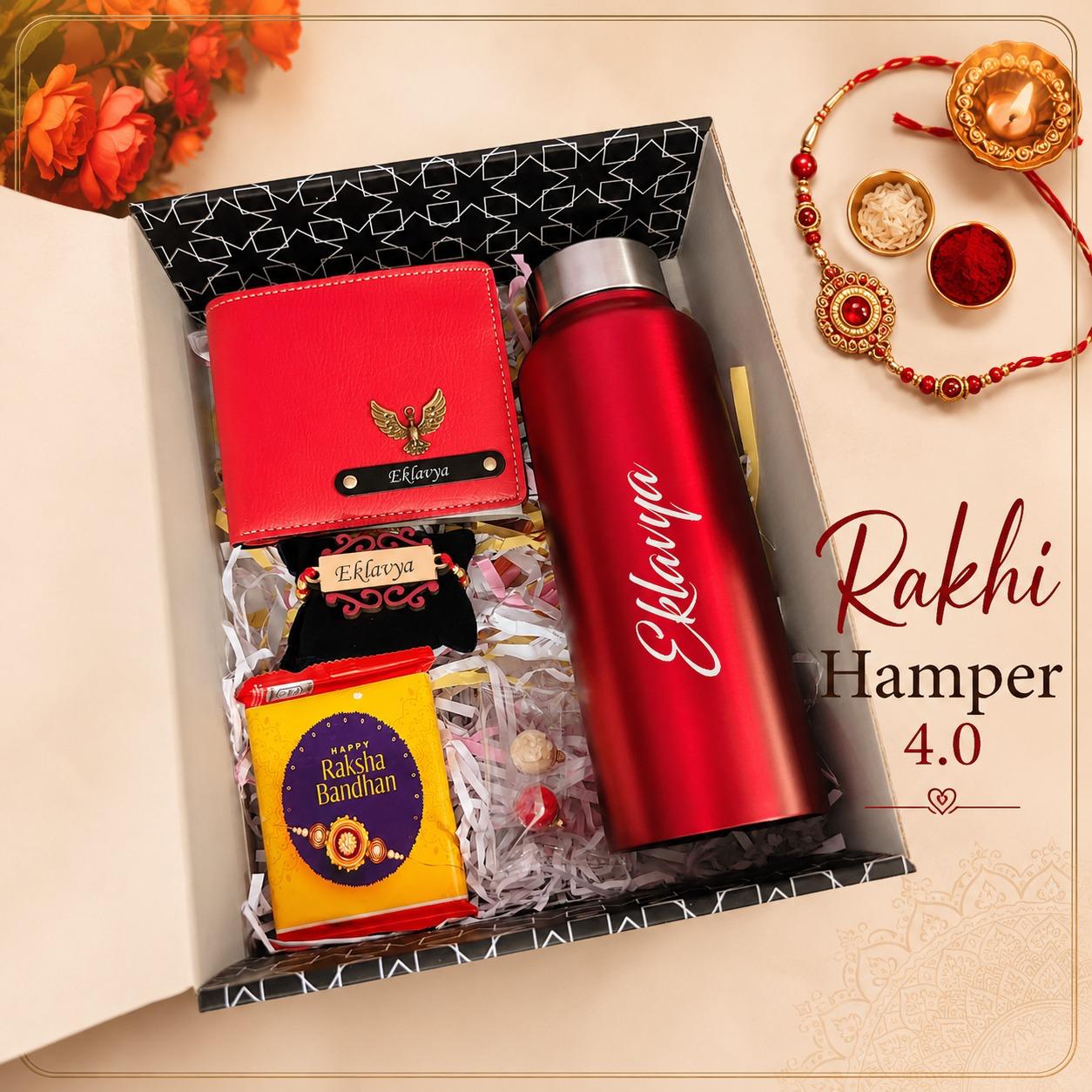 Flamingo Personalized Rakhi Gift Hamper | Custom Bottle Wallet and Rakhi Gift Set