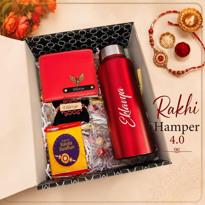 Flamingo Personalized Rakhi Gift Hamper | Custom Bottle Wallet and Rakhi Gift Set