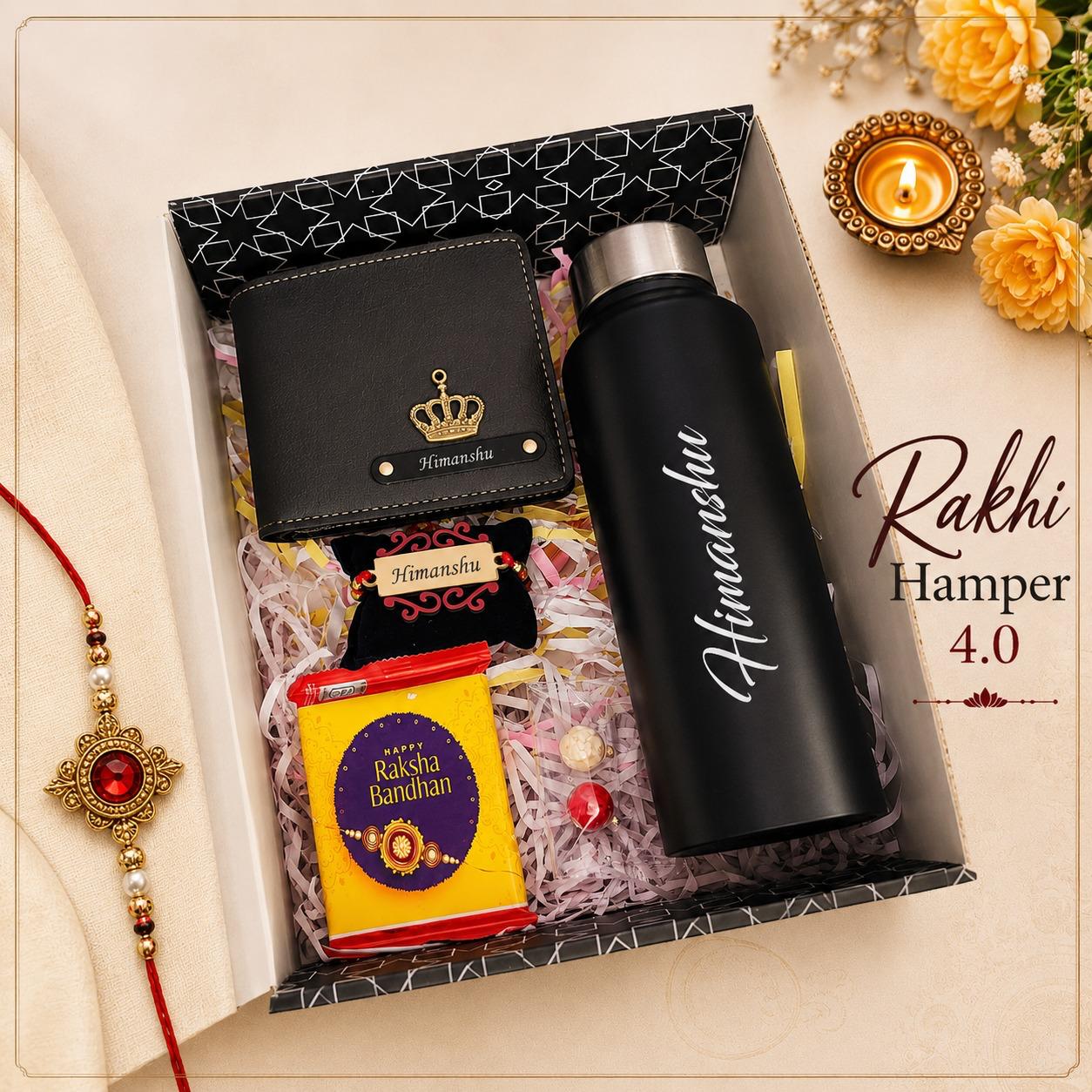 Flamingo Personalized Rakhi Gift Hamper | Custom Bottle Wallet and Rakhi Gift Set