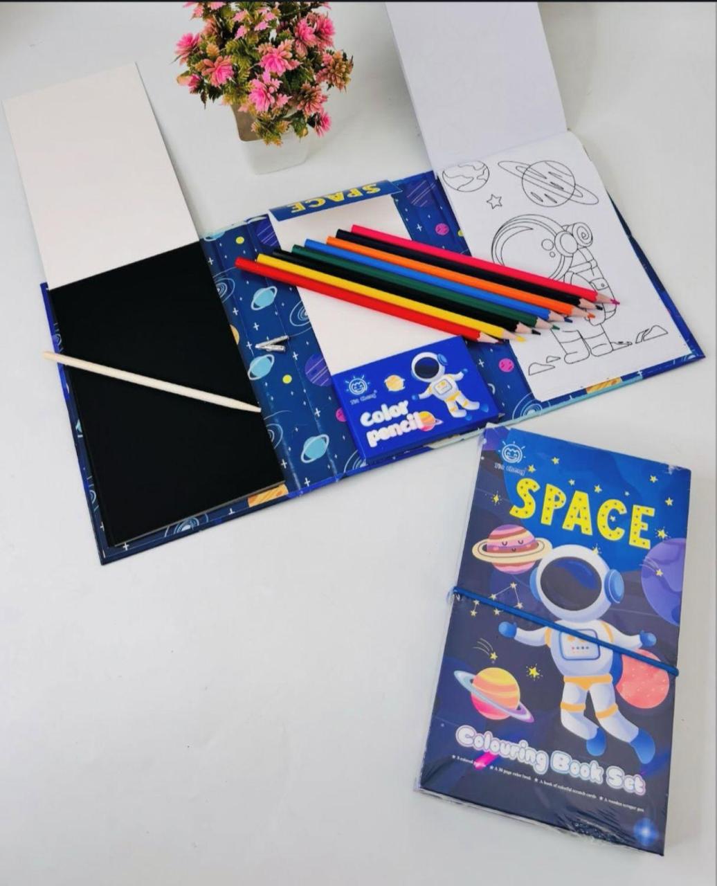 Flamingo Foldable Art Book for Kids with Scratch Pad Colouring Pad and Pencil Colours