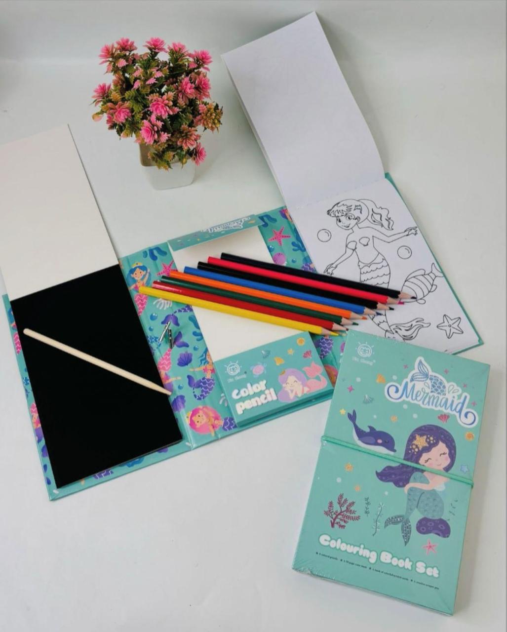 Flamingo Foldable Art Book for Kids with Scratch Pad Colouring Pad and Pencil Colours