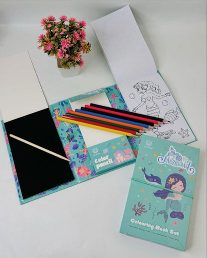 Flamingo Foldable Art Book for Kids with Scratch Pad Colouring Pad and Pencil Colours