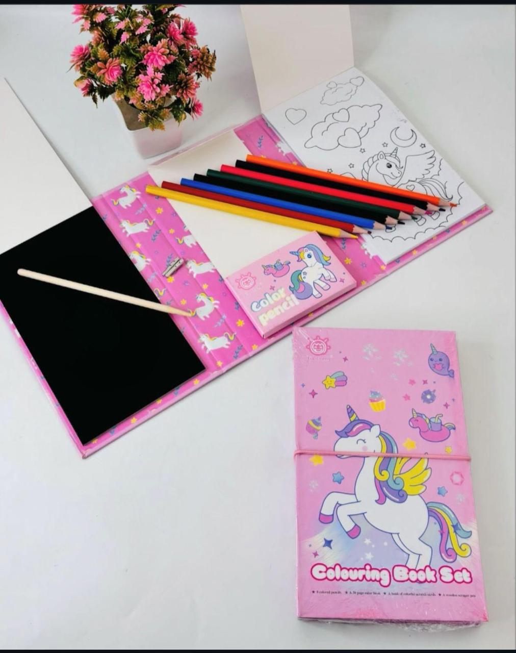 Flamingo Foldable Art Book for Kids with Scratch Pad Colouring Pad and Pencil Colours