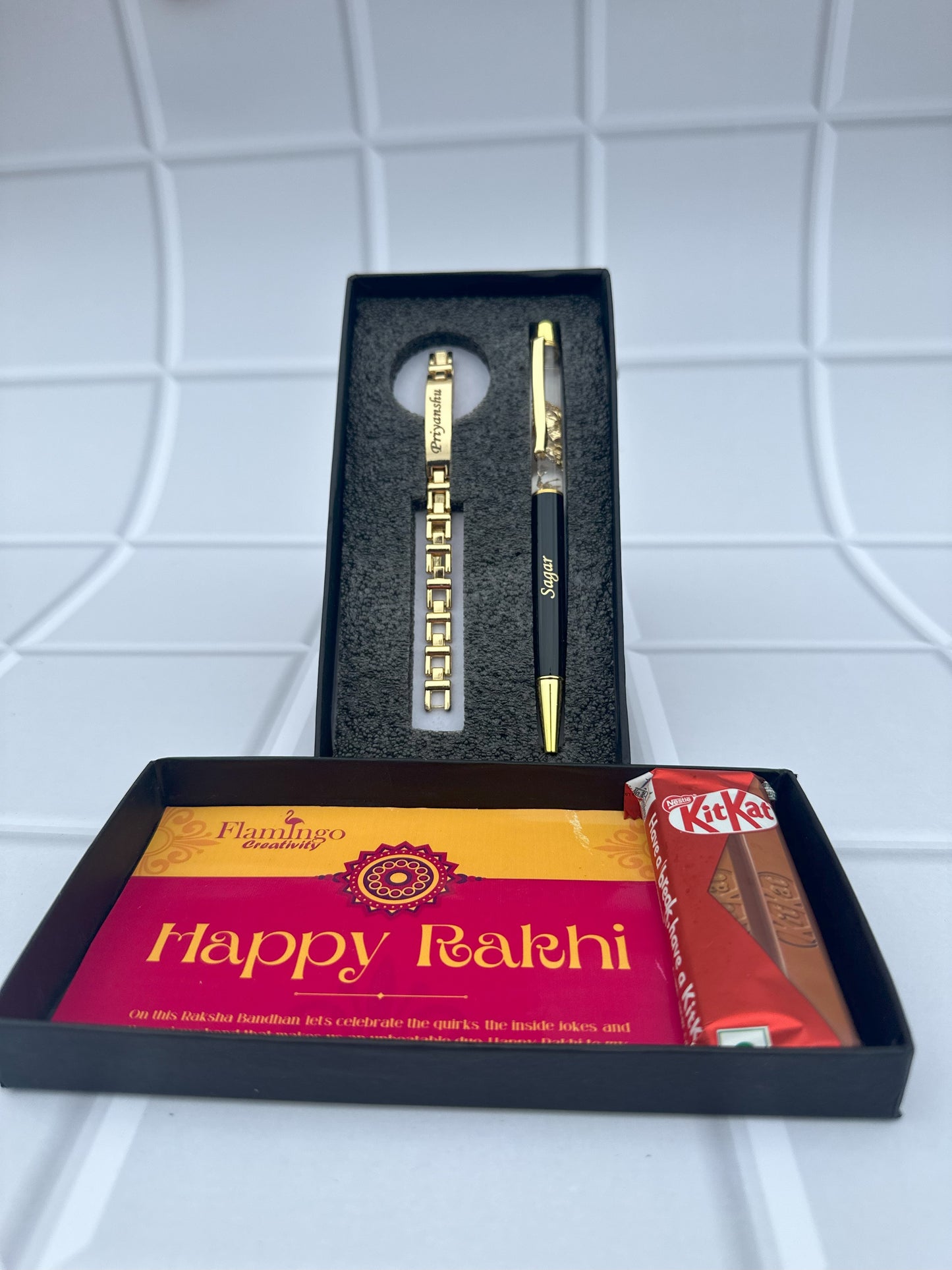 Show Your Love with Our Bracelet Rakhi for Brother, Name Printed Pen & Happy Raksha Bandhan Wishing Card