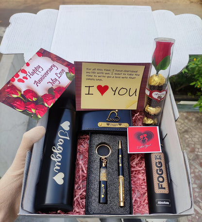 Temperature Water Bottle, Custom Keychains, Custom Pens, Wallet with Name, Rose Flower, Anniversary Card & Perfume Combo