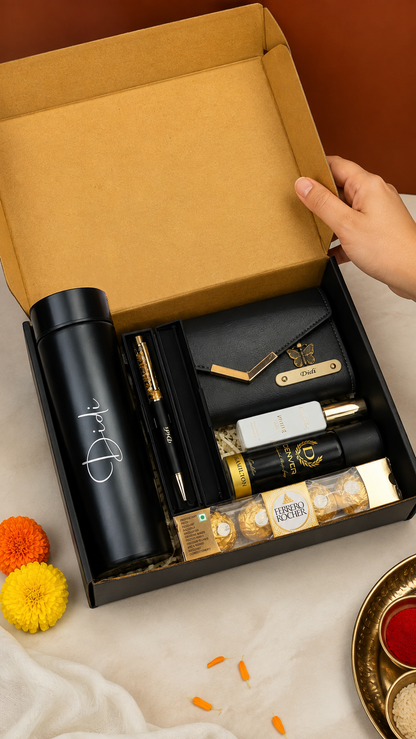 Flamingo Special Gifts Hamper with Temperature Bottle, Ladies 3-Fold Clutch, Ferrero Rocher Chocolate & More!
