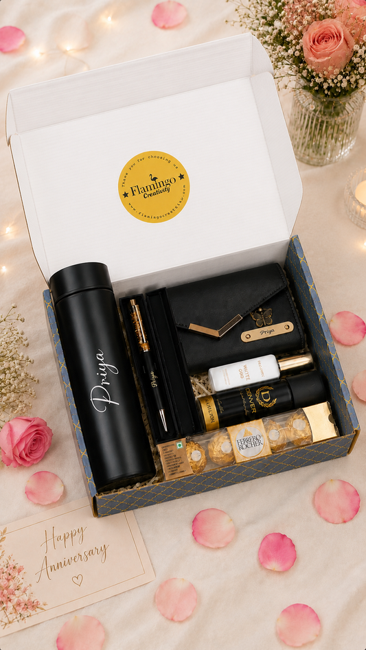 Flamingo Special Gifts Hamper with Temperature Bottle, Ladies 3-Fold Clutch, Ferrero Rocher Chocolate & More!