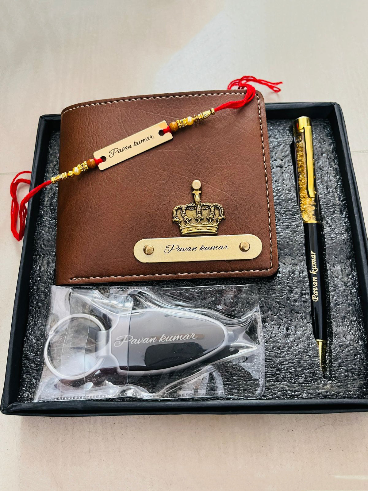 Your Name, Your Style: Nexon Wallet with Your Name, Customize Rakhi, Rakshabandhan Card, Led Keychain with Name & Golflake Pen with Name