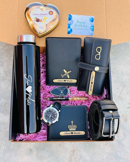 Nexon Wallet, Sunglasses Cover, Passport Cover, Led Keychains, Gold flake Pen, Steel Bottle, Belt, Watch & Heart Shaped Chocolate