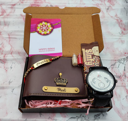 Celebrate Raksha Bandhan in Style: Personalized Wallet, Watch, Gold-Plated Name Rakhi, Premium Sinfy Chocolates, Roli Chawal, and Rakhi Card!